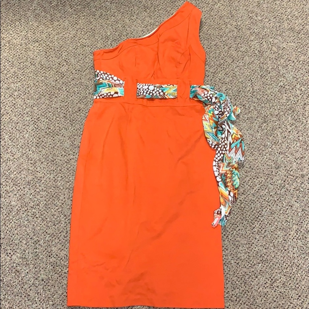 Kay Unger Orange Ponte Knit One Shoulder Dress 4